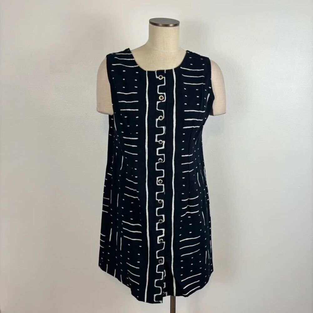 Vintage The Daily Planet Black Cotton Mudcloth Pattern Mini Shift Dress L Hemmed
